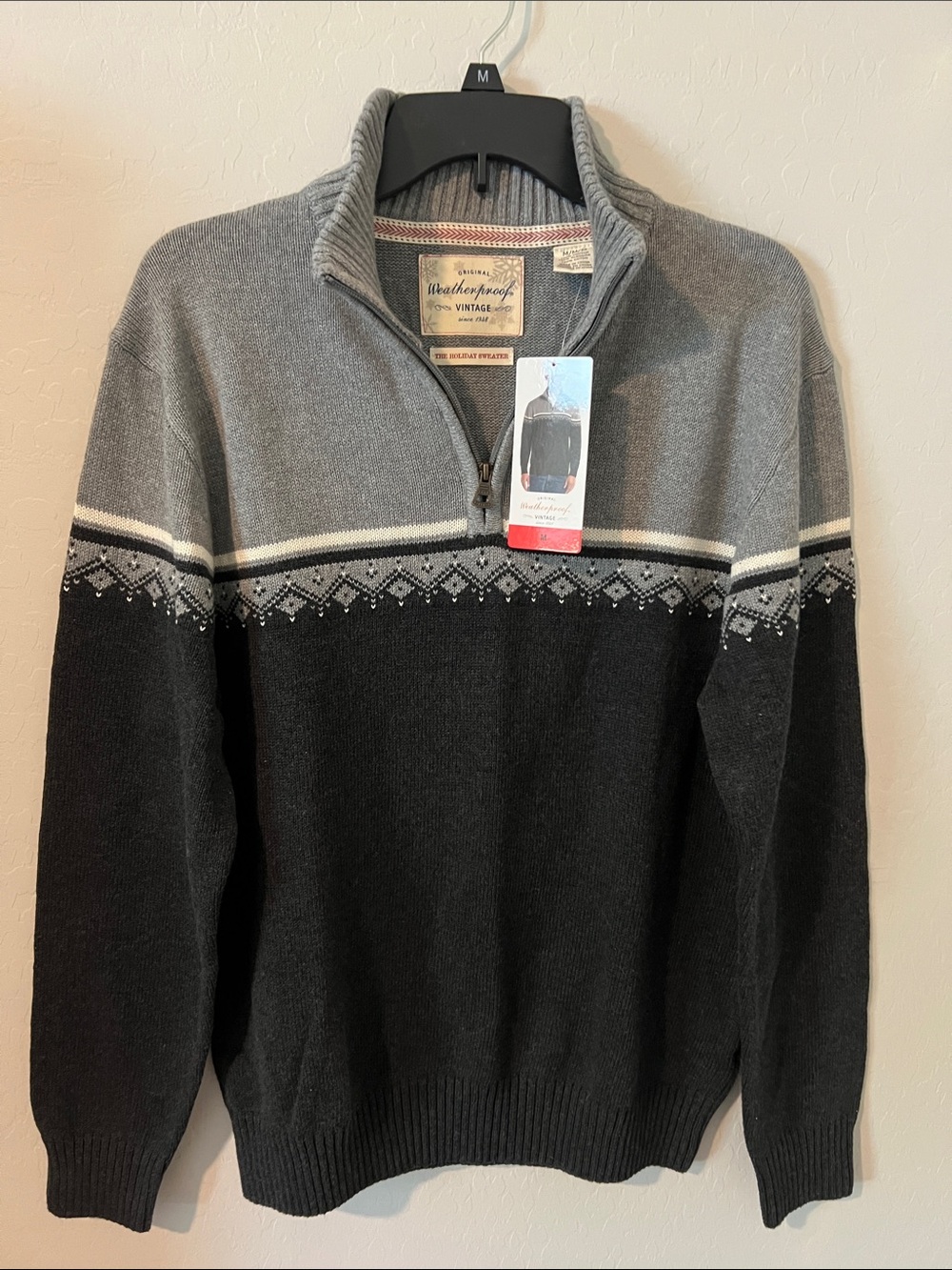 Weatherproof Men’s Gray and Black Quarter-Zip Patterned Sweater